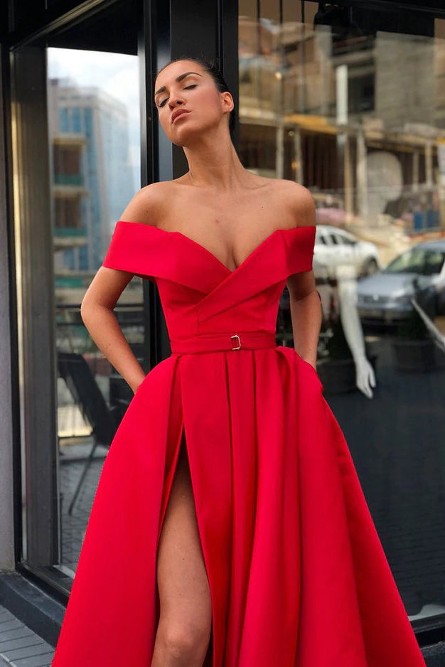 Off The Shoulder Red V Neck Prom Dress High Slit Pockets Party Dress Promdressmeuk 