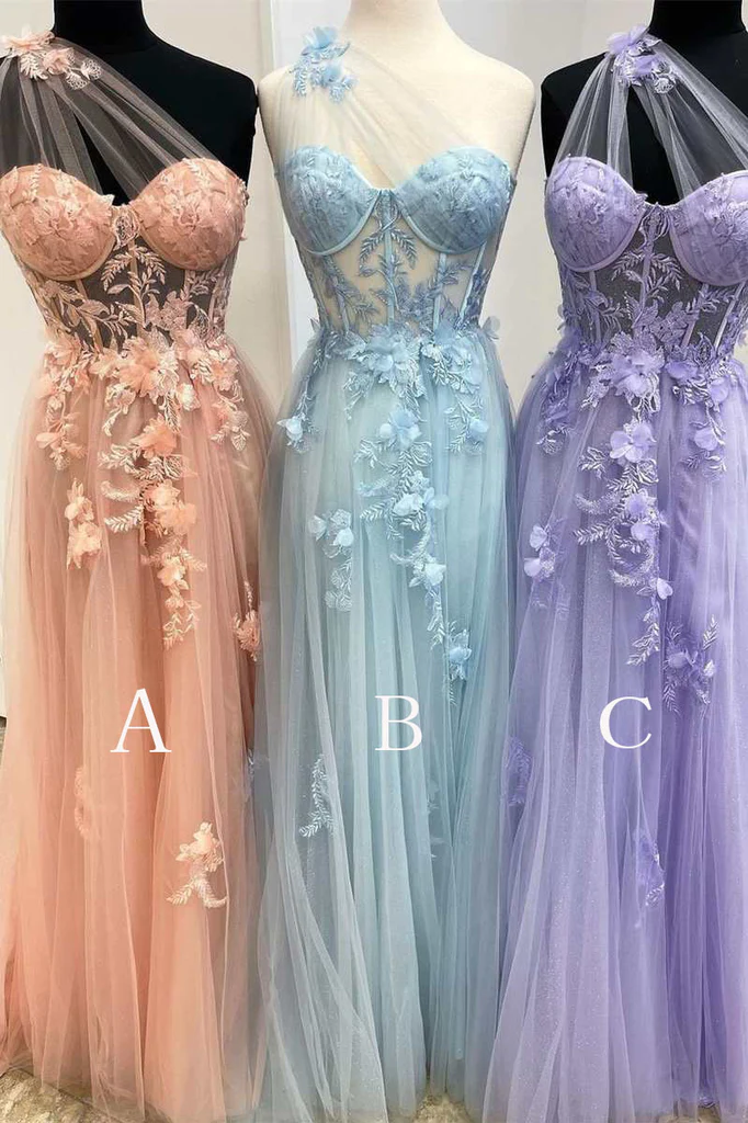 A Line One Shoulder Tulle Prom Dress With Flower Appliques