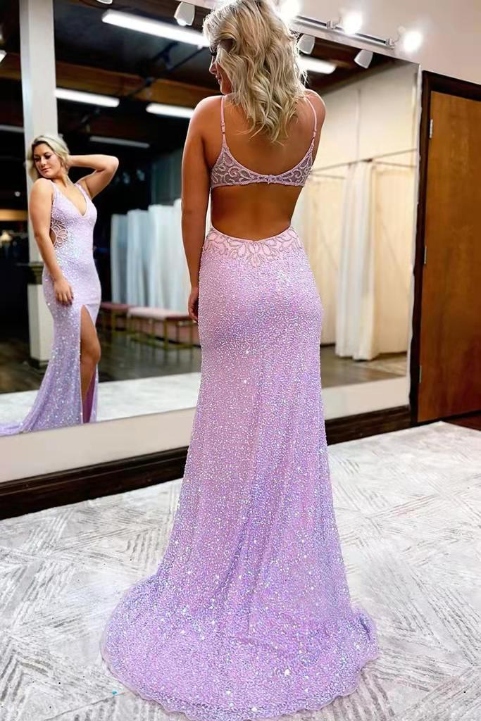Sparkly Mermaid V-neck Sleeveless Long Prom Dress with Slit