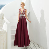 Stunning A Line Deep V-Neck Sleeveless Beading Tulle Floor Length Prom Dress WH61330