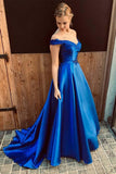 Royal Blue Sweetheart Off the Shoulder Satin Lace up Prom Dresses with Appliques PW682