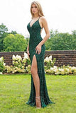 Sexy Mermaid Green V Neck Sequins Criss Cross Prom Dresses Cheap Evening Dresses PW701