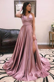A Line V Neck Satin Lace up Dusty Rose High Slit Prom Dresses Long Evening Dresses PW699