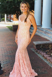 Sexy Blush Pink Mermaid Lace V Neck Prom Dresses with Beading, Party Dresses PW728