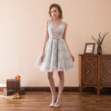 A Line V-Neck Grey Lace Homecoming Dress With Flowers H17602