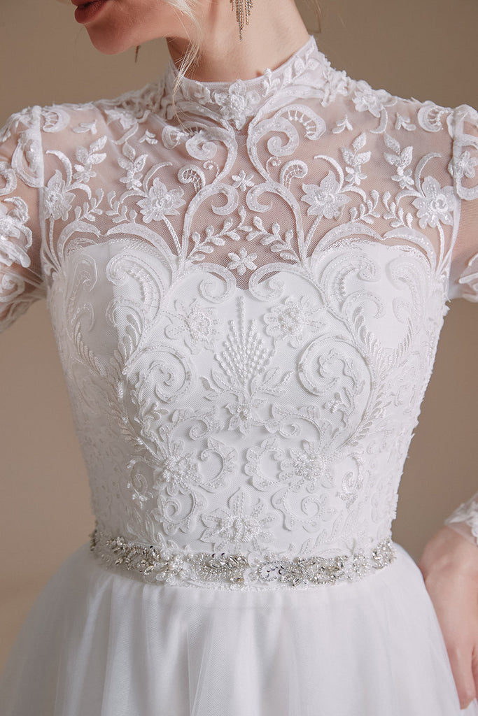 A Line Lace Appliques Long Sleeve Tulle Chapel Train Wedding Dress