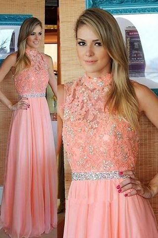 High Neck Floor-Length Sleeveless Peach Lace Prom Dress with Beading PM585