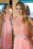 High Neck Floor-Length Sleeveless Peach Lace Prom Dress with Beading PM585