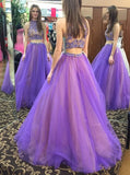 Two Piece High Neck Open Back Floor-Length Beaded Prom Dress PM587