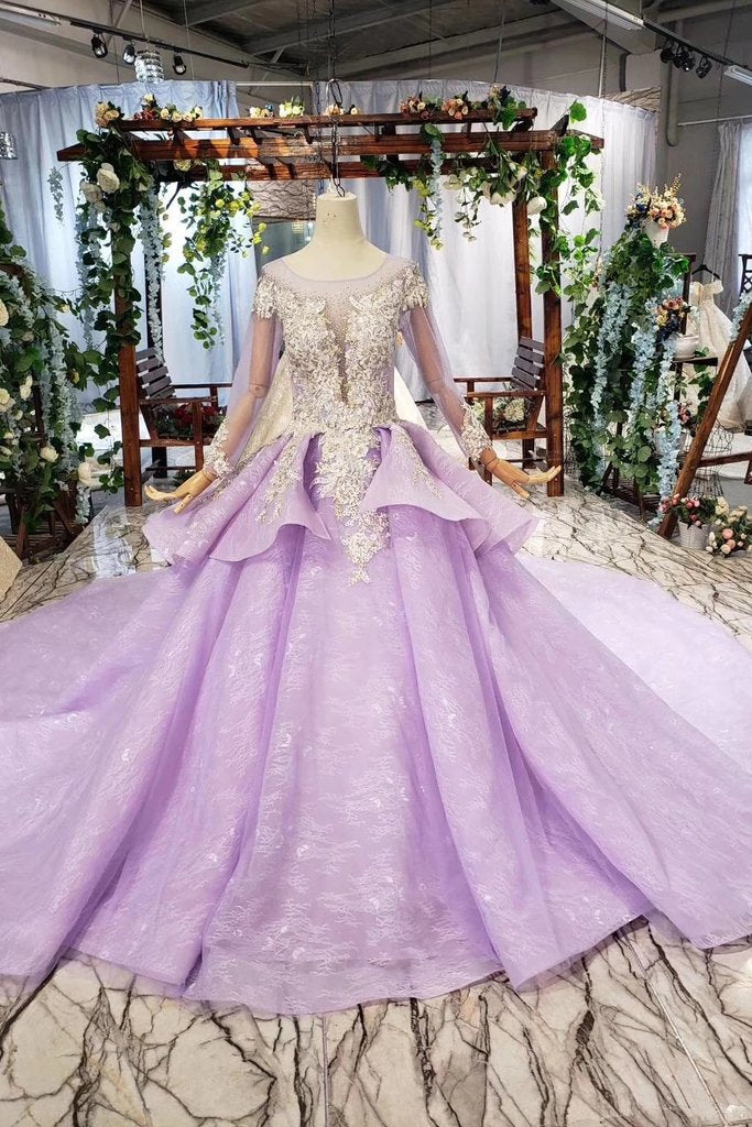 Gorgeous Long Sleeve Ball Gown Appliques Beads Lilac Quinceanera Dresses with Lace up P1135