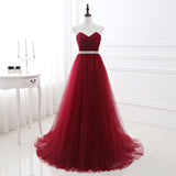 Elegant A Line Strapless Beading Tulle Court Train Prom Dress WH16422