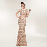Two Pieces Mermaid Gold Sequins Sleeveless Prom Dress