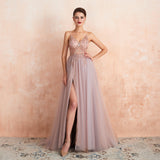 A Line Spaghetti Straps V-Neck Sleeveless Beading Split Tulle Sweep Train Prom Dress WH46359