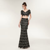 Elegant 2 Pieces Black Sleeveless V-Neck Prom Dress With Sequins WH28645