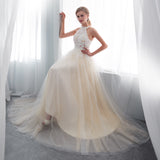 A Line Lace Halter Sleeveless Court Train Wedding Dress With Flowers WH24656