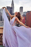 Simple A Line Deep V-Neck Slit Sleeveless Lavender Chiffon Prom Dress