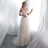 Elegant A Line Off The Shoulder Appliques Sweep Train Wedding Dress WH22664