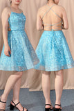 Cute Blue Straps A Line Lace Short Homecoming Dress