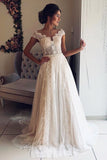 A Line Cap Sleeve Lace V Neck Chiffon Ivory Beads Wedding Dresses, Wedding Gowns W1117