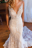 Straps Mermaid V Neck Lace Wedding Dress with Appliques N117