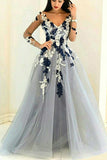 Gray Organza V-Neck Long Sleeves See-Through A Line Prom Dress