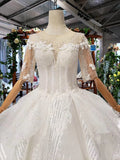 Round Neck Half Sleeve Ball Gown Quinceanera Dresses Beads Ivory Wedding Dresses P1091