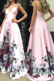 Pink A Line Satin Floral Prints Spaghetti Straps Prom Dresses OK2000