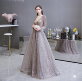 A Line V-Neck Long Sleeve Embroidery Beading Floor Length Tulle Prom Dress WH69448