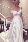 Elegant V-Neck Cap Sleeves A Line Satin Wedding Dresses Bride Gown