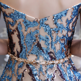 A Line Off The Shoulder Sequins Floor Length Tulle Prom Dress With Belt WH45449