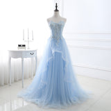 A Line Strapless Beading Organza Court Train Prom Dress WH23401