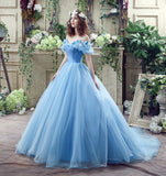 Gorgeous Ball Gown Off The Shoulder Appliques Tulle Court Train Prom Dress WH26240