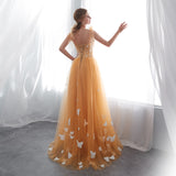 Gorgeous A Line Sleeveless Appliques Lace Sweep Train Prom Dress With Butterflies WH22659
