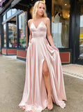 Vintage A Line V-Neck Slit Satin Prom Dress Evening Gowns With Lace-up