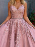 Cute A-Line Two Pieces Pink Prom Dresses With Lace, Long Evening Dresses PD1104