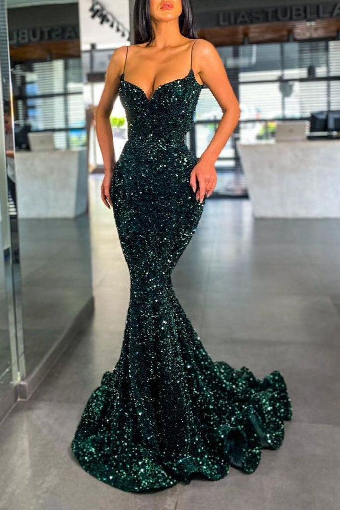 Mermaid Spaghetti Strap Dark Green Sequins Long Prom Dresses PD0195