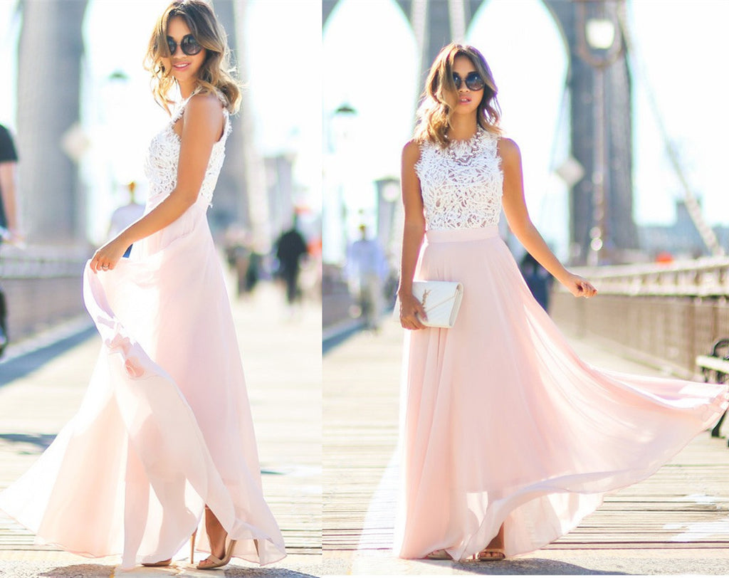 Modest Chiffon Long Blush Pink White Lace A-Line High Neck Floor-Length Prom Dresses uk PM192
