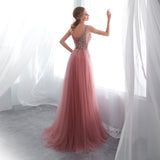 Unique A Line V-Neck Beading Sleeveless Split Prom Dress Sequins Party Dress WH30651