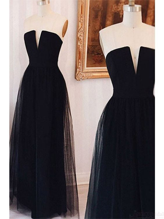 Black Strapless Floor Length Tulle Prom Dresses