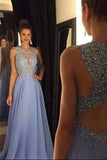 Sexy Lace Open Back Blue Chiffon Cheap A Line Beads Sleeveless Prom Dress