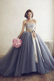 Elegant Gray Tulle Organz Lace A Line Ball Gown Wedding Dress