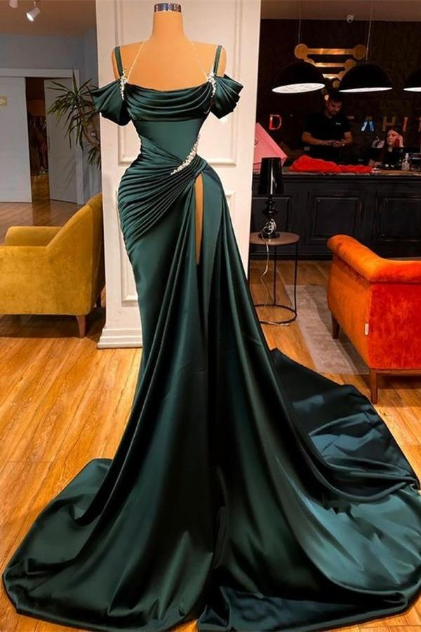 Mermaid Dark Green Off-the-Shoulder Long Prom Dresses with Slit PD021