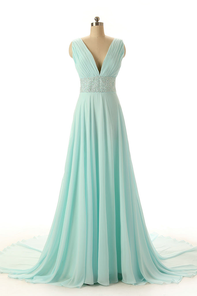 Hot Sale A-line V-Neck Beads Sleeveless Chapel Train Empire Green Chiffon Prom Dresses uk PM803