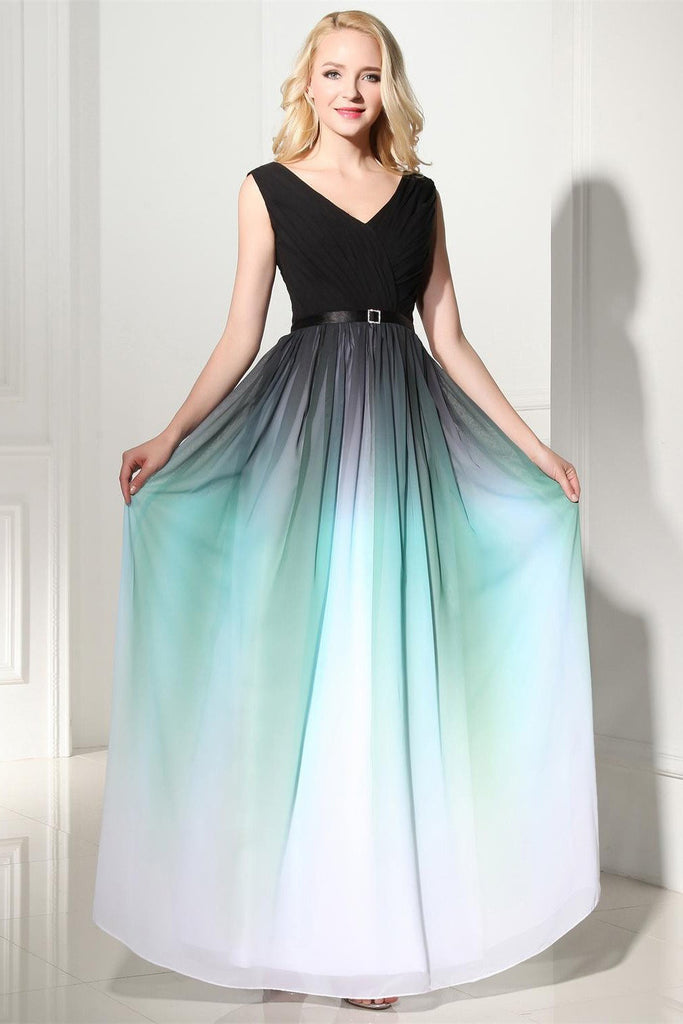 A-Line Ombre Long Chiffon Formal Dress,V-Neck Black Sleeveless Lace up Prom Dresses UK PH371