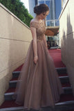 Gorgeous A-Line Backless Cap Sleeves Scoop Tulle Brown Long Prom Dresses UK PH424