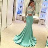 Mermaid Two Pieces High Neck Long Sleeve Lace Prom Dresses