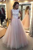 A Line Tulle Sleeveless Lace Appliques Round Neck Prom Dress