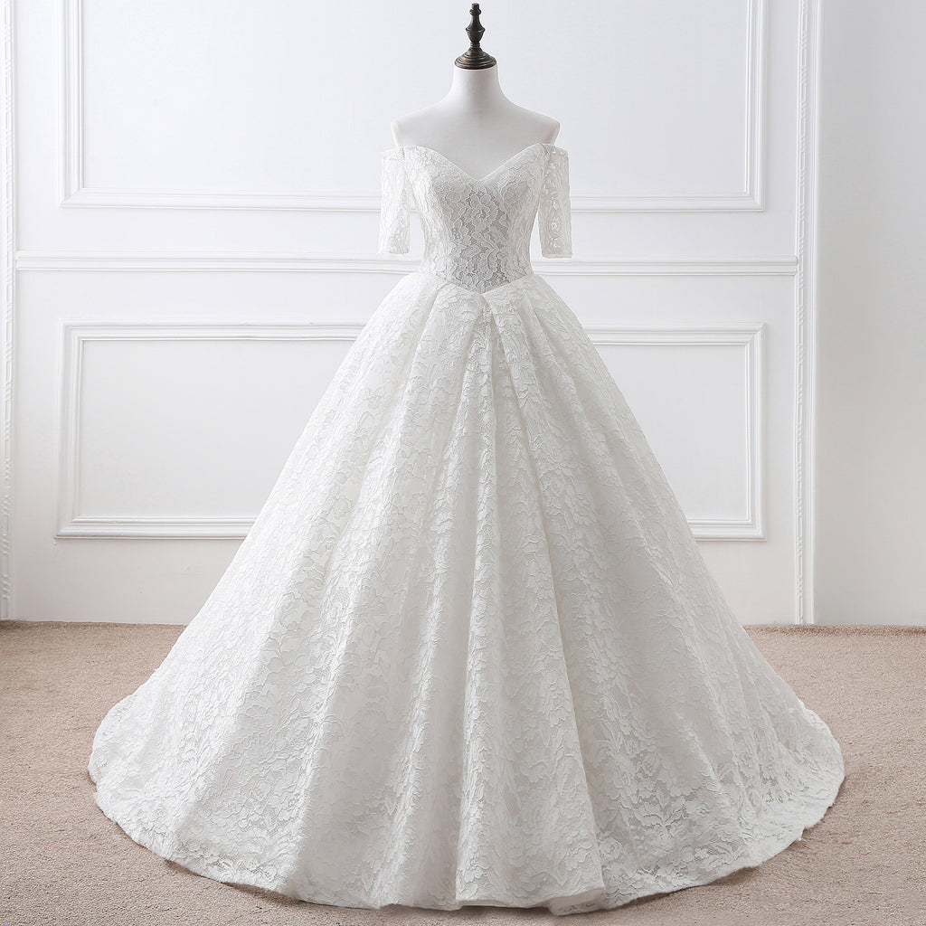 Ball Gown Off The Shoulder Half Sleeve Lace Court Train Wedding Dress ...
