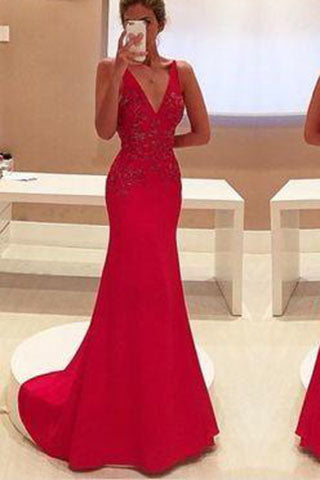 Mermaid Red V-Neck Long Chiffon Appliqued Prom Dress