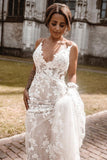 Elegant Mermaid V Neck Lace Wedding Dresses with Appliques N073